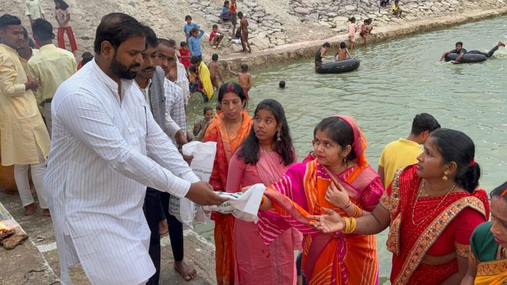 Prasad vitran at mora talab on the occasion of chaiti chhath puja