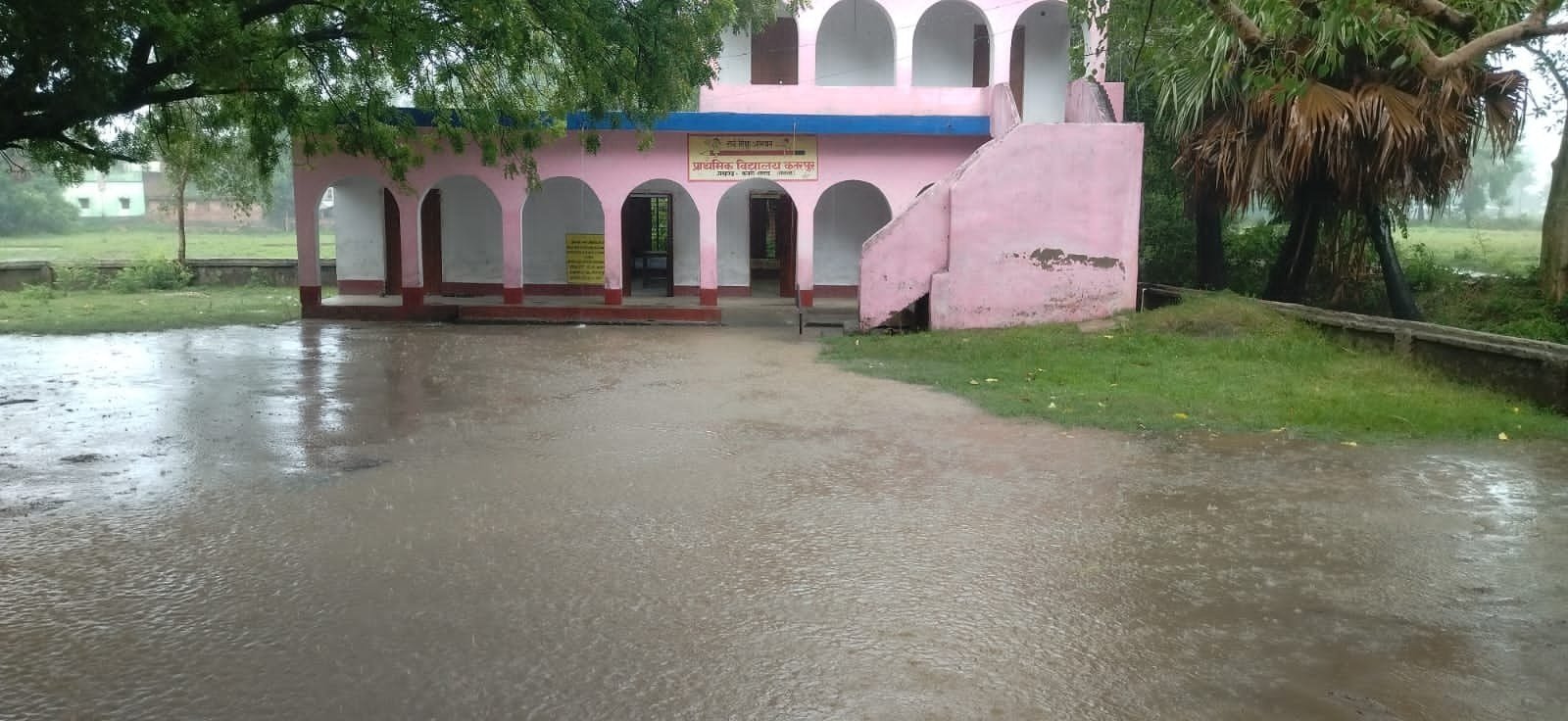 Katarpur Primary School turns into a pond with even light rain; waterlogging poses a threat to the children's education and safety.