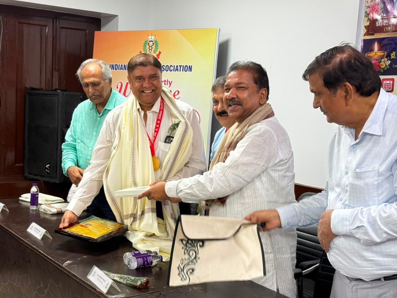 Biharsharif MLA Dr. Sunil Kumar received the IMA Dr. A.K.N. Sinha National Award, honored by Minister Dilip Jaiswal